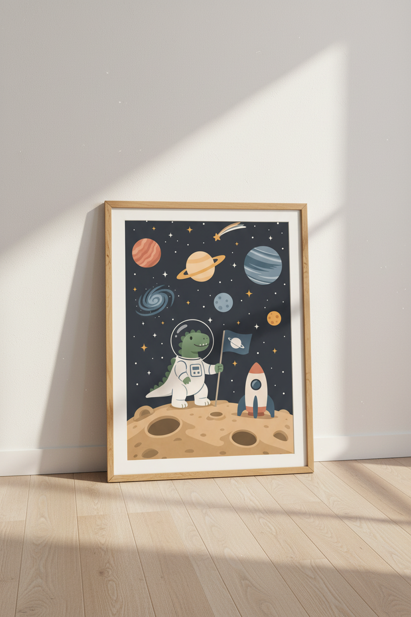 Astronaut Dinosaur Wall Art Print | Kids Nursery Decor | Cute Space Poster