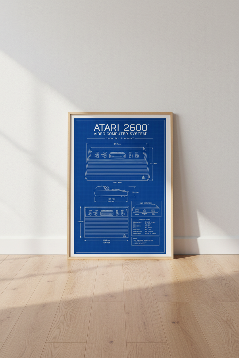Atari 2600 Blueprint Wall Art | Retro Gaming Decor | Technical Video Game Poster