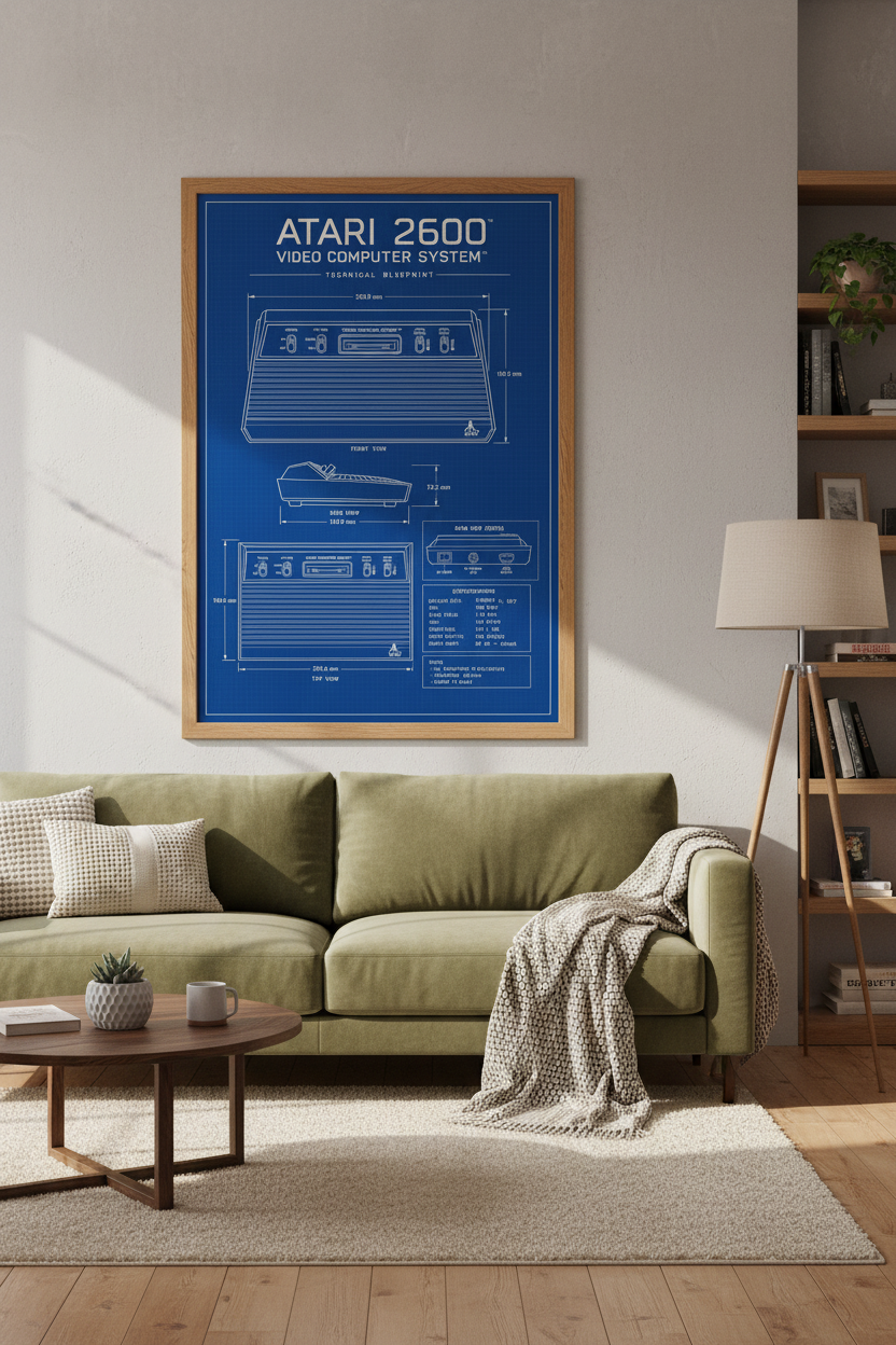 Atari 2600 Blueprint Wall Art | Retro Gaming Decor | Technical Video Game Poster