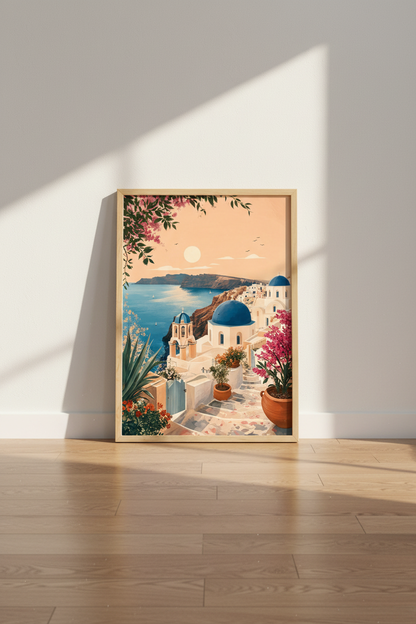 Santorini Greece Wall Art | Blue Dome Mediterranean Print, Coastal Home Decor