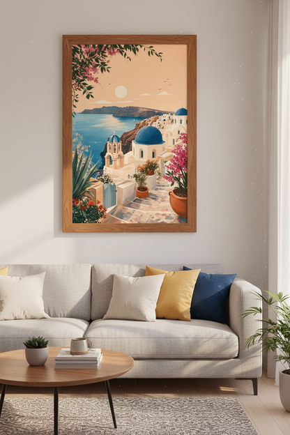 Santorini Greece Wall Art | Blue Dome Mediterranean Print, Coastal Home Decor
