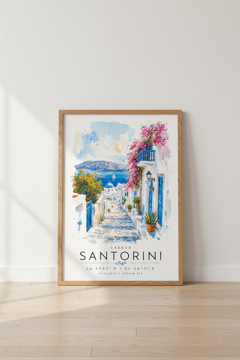 Santorini Greece Wall Art | Watercolor Blue Coastal Decor | Travel Poster