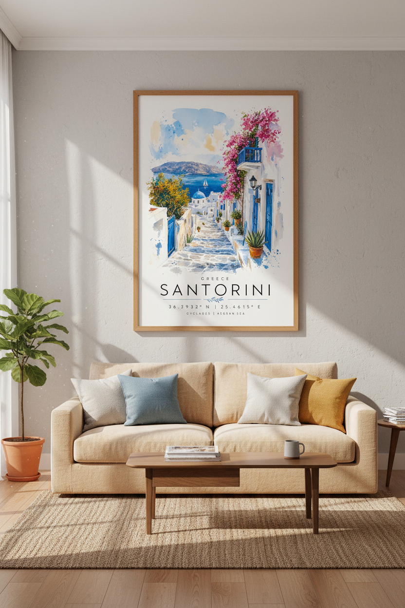 Santorini Greece Wall Art | Watercolor Blue Coastal Decor | Travel Poster