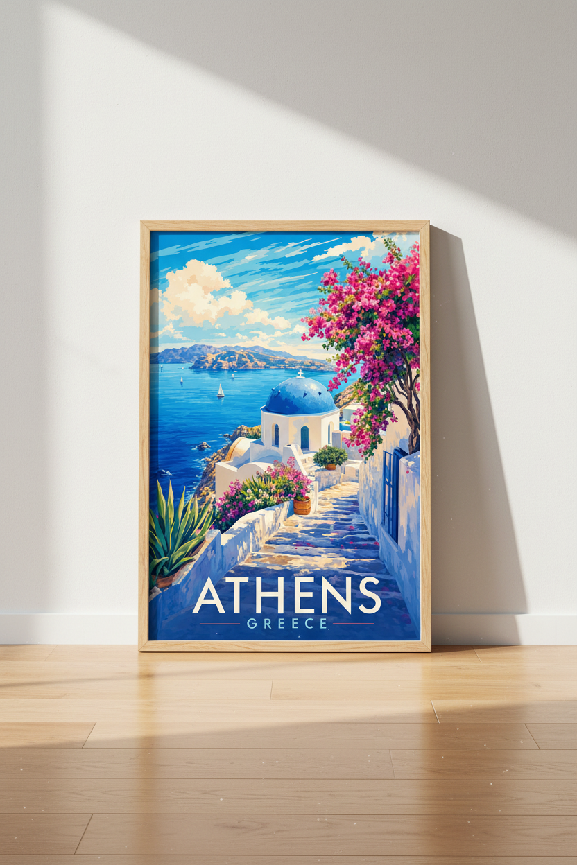 Athens Greece Travel Poster | Mediterranean Blue White Landscape, Coastal Wall Art