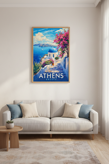Athens Greece Travel Poster | Mediterranean Blue White Landscape, Coastal Wall Art