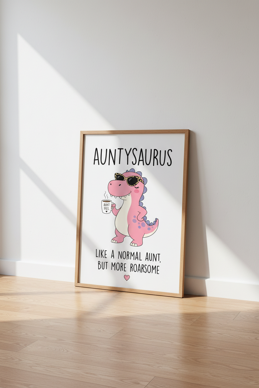 Auntysaurus Dinosaur Wall Art | Funny Aunt Gift | Pink Aesthetic Poster