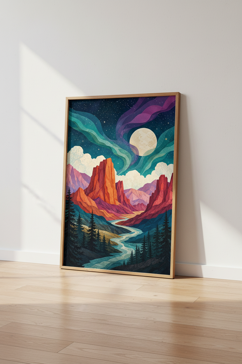 Abstract Mountain Night Wall Art | Aurora Landscape Print, Bedroom Decor