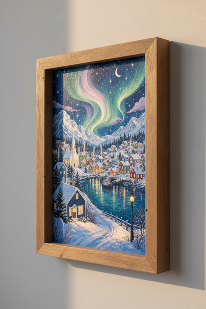 Northern Lights Winter Village Print | Cozy Starry Night Decor | Aurora Landscape Poster