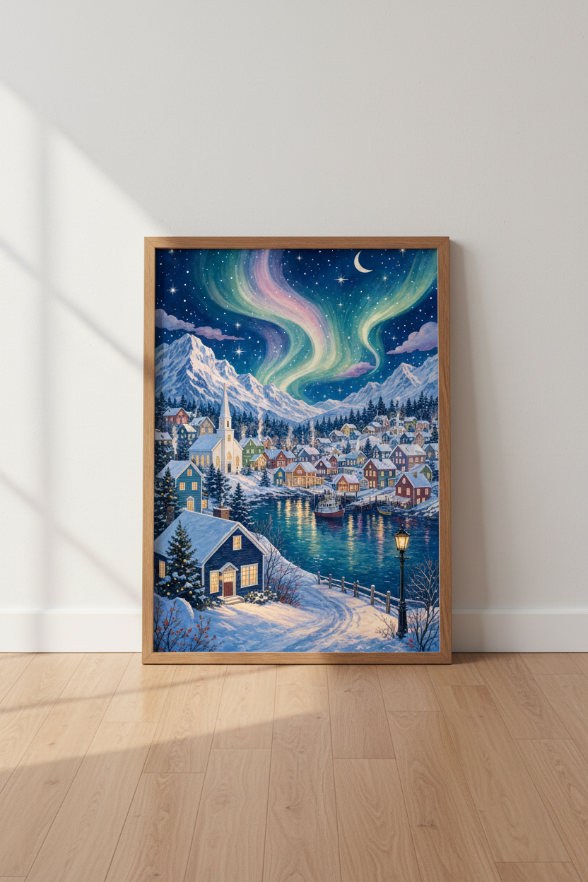 Northern Lights Winter Village Print | Cozy Starry Night Decor | Aurora Landscape Poster