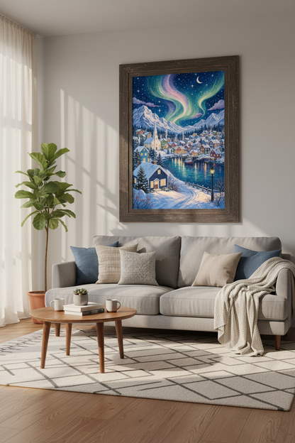 Northern Lights Winter Village Print | Cozy Starry Night Decor | Aurora Landscape Poster