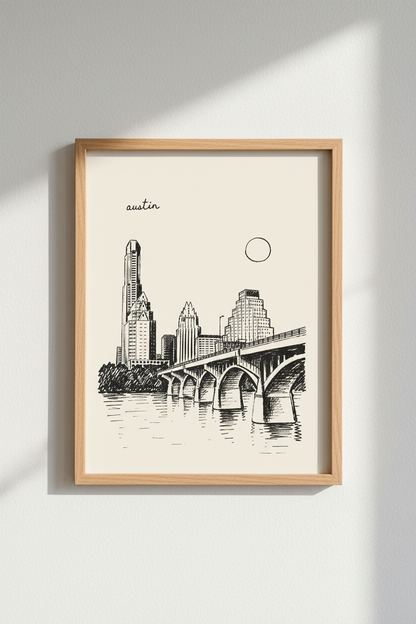 Austin Skyline Art Print | Texas Cityscape Sketch, Minimalist Modern Wall Decor