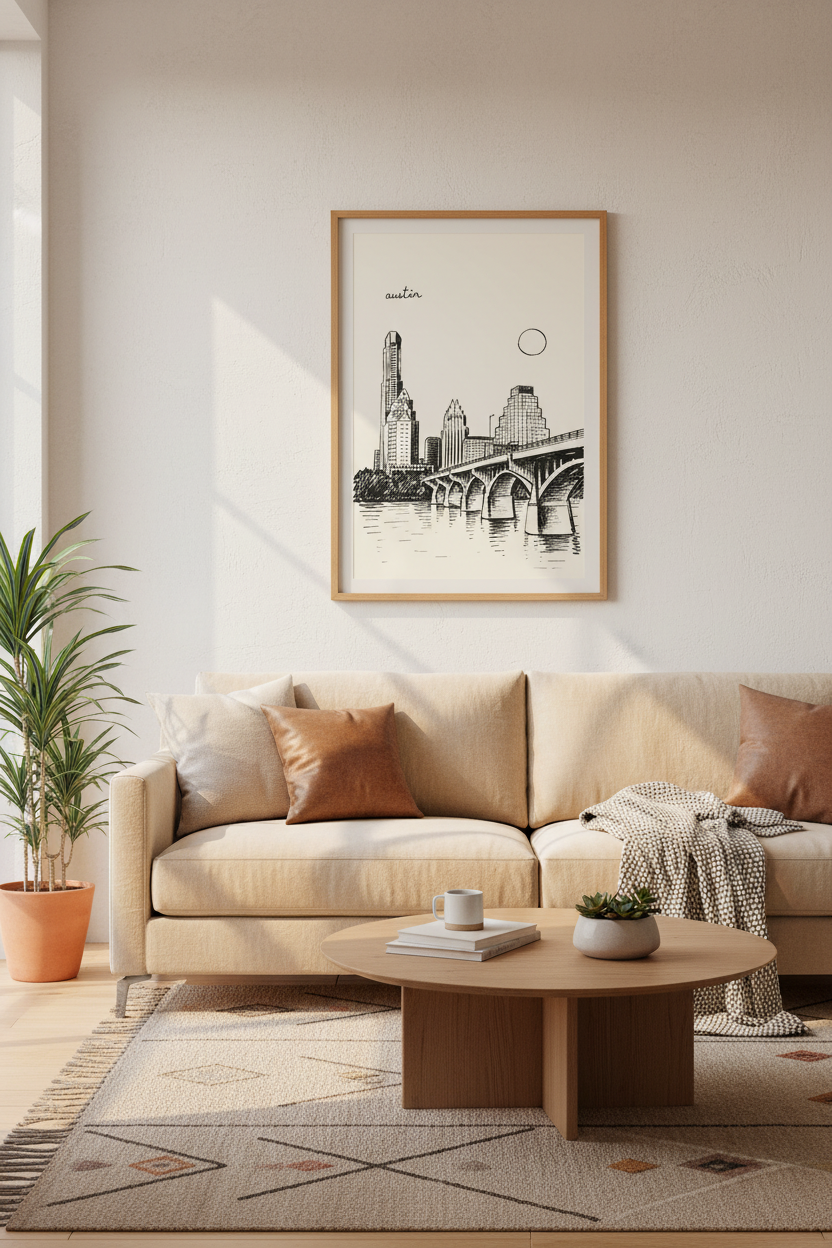 Austin Skyline Art Print | Texas Cityscape Sketch, Minimalist Modern Wall Decor