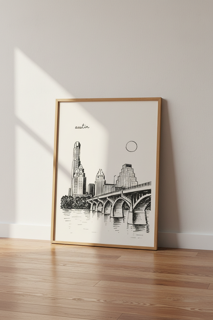 Austin Skyline Art Print | Texas Cityscape Sketch, Minimalist Modern Wall Decor