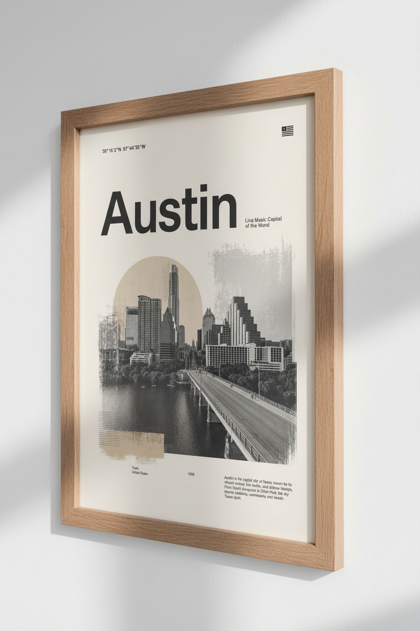 Austin Skyline Wall Art | Minimalist Texas Travel Poster, Modern Office Decor