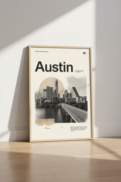 Austin Skyline Wall Art | Minimalist Texas Travel Poster, Modern Office Decor
