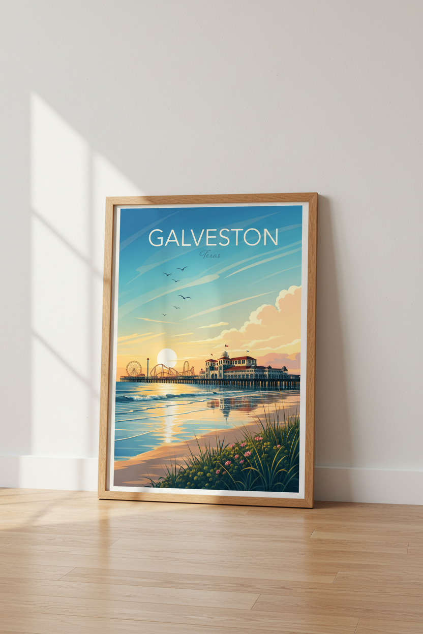 Galveston Texas Travel Poster | Vintage Coastal Pier Print, Beach House Decor