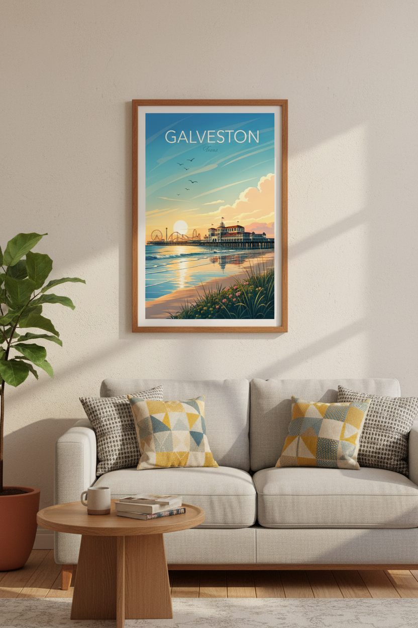 Galveston Texas Travel Poster | Vintage Coastal Pier Print, Beach House Decor