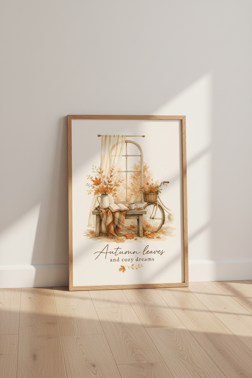 Autumn Leaves Watercolor Art | Cozy Fall Window Scene, Rustic Farmhouse Decor Poster