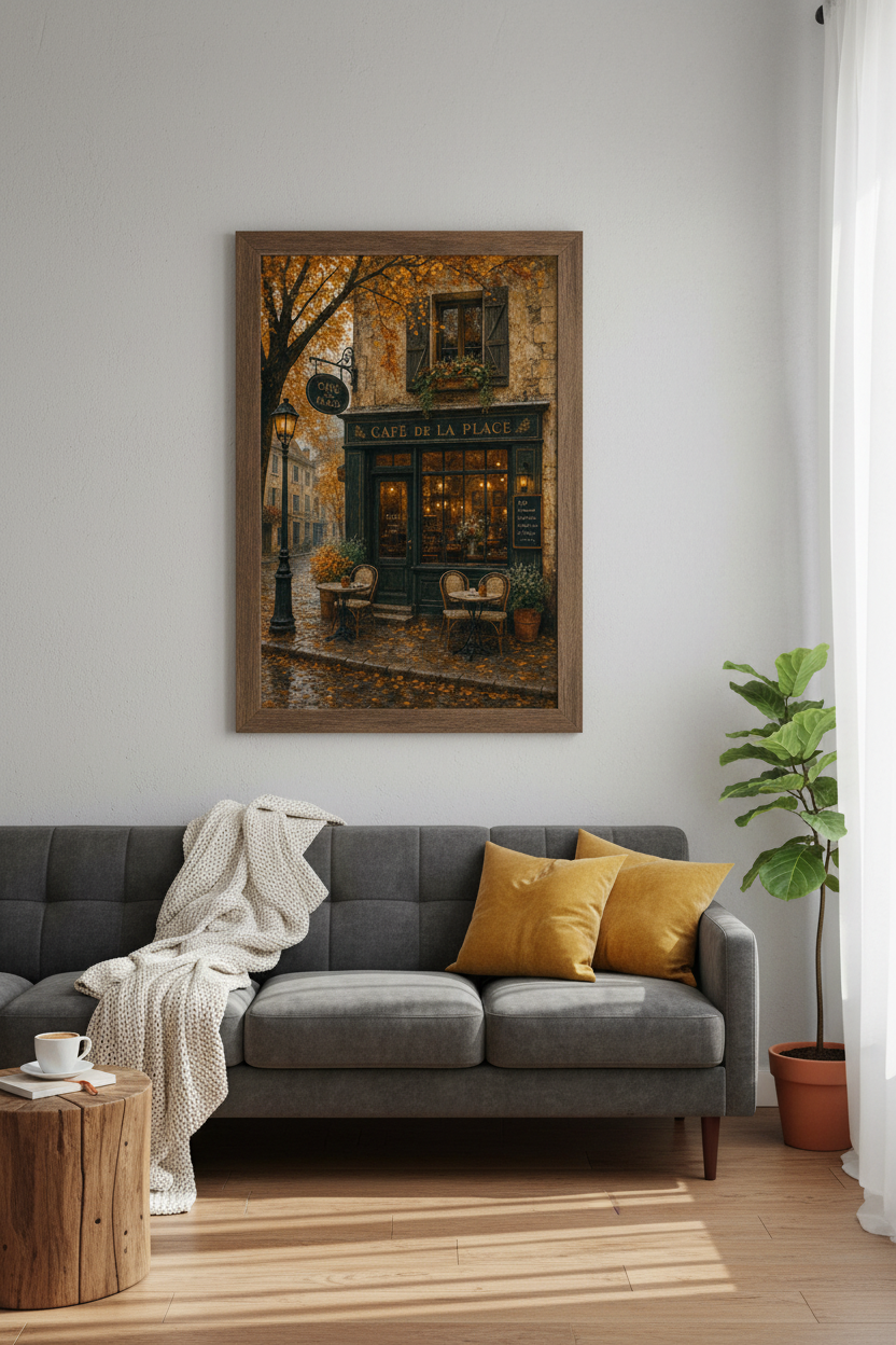 French Cafe Autumn Wall Art | Paris Street Scene | Moody Vintage Aesthetic Poster