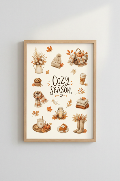 Cozy Season Autumn Wall Art | Neutral Fall Watercolor Poster | Farmhouse Decor