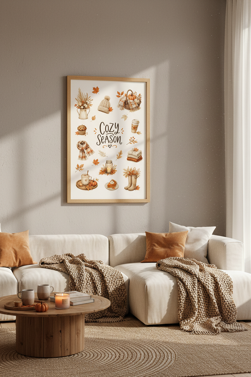 Cozy Season Autumn Wall Art | Neutral Fall Watercolor Poster | Farmhouse Decor