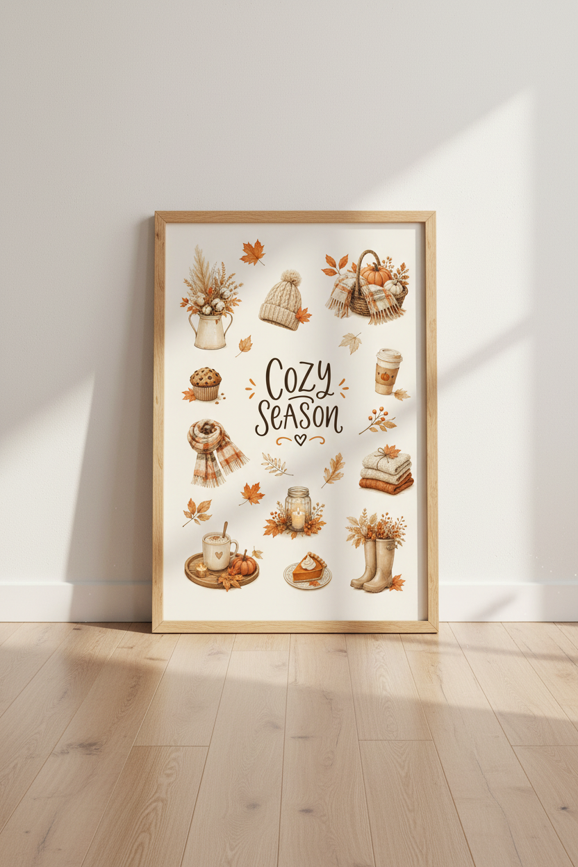 Cozy Season Autumn Wall Art | Neutral Fall Watercolor Poster | Farmhouse Decor