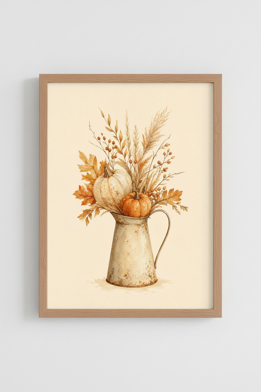 Rustic Autumn Pumpkin Wall Art | Farmhouse Kitchen Decor | Watercolor Poster