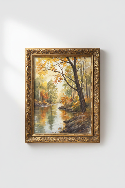 Autumn poster art | Watercolor glow, Riverside scene | Living room decor