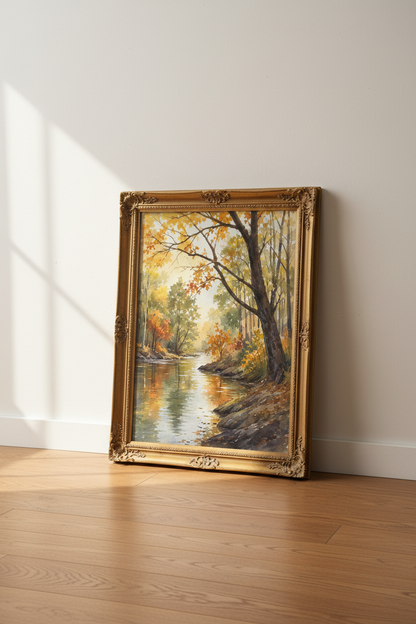 Autumn poster art | Watercolor glow, Riverside scene | Living room decor