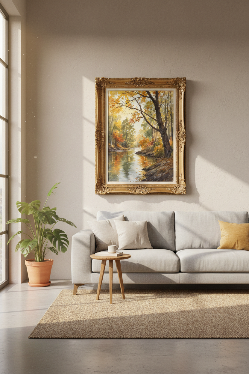 Autumn poster art | Watercolor glow, Riverside scene | Living room decor