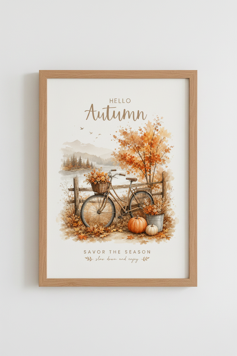 Hello Autumn Watercolor Bike Wall Art | Fall Pumpkin Decor | Rustic Season Poster