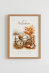 Hello Autumn Watercolor Bike Wall Art | Fall Pumpkin Decor | Rustic Season Poster