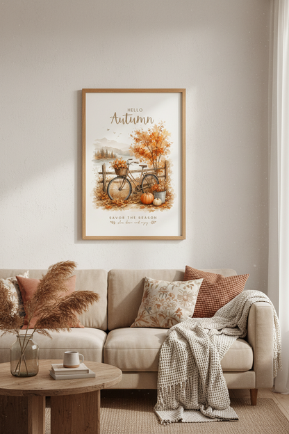 Hello Autumn Watercolor Bike Wall Art | Fall Pumpkin Decor | Rustic Season Poster