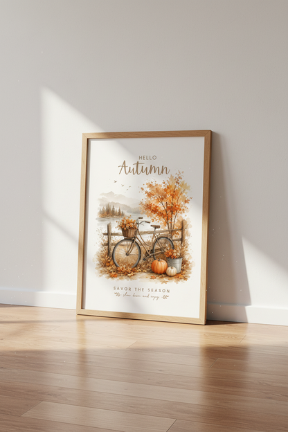 Hello Autumn Watercolor Bike Wall Art | Fall Pumpkin Decor | Rustic Season Poster