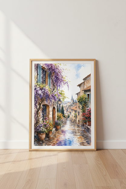 Italian Village Watercolor Art | Wisteria Flower Poster, European Travel Decor