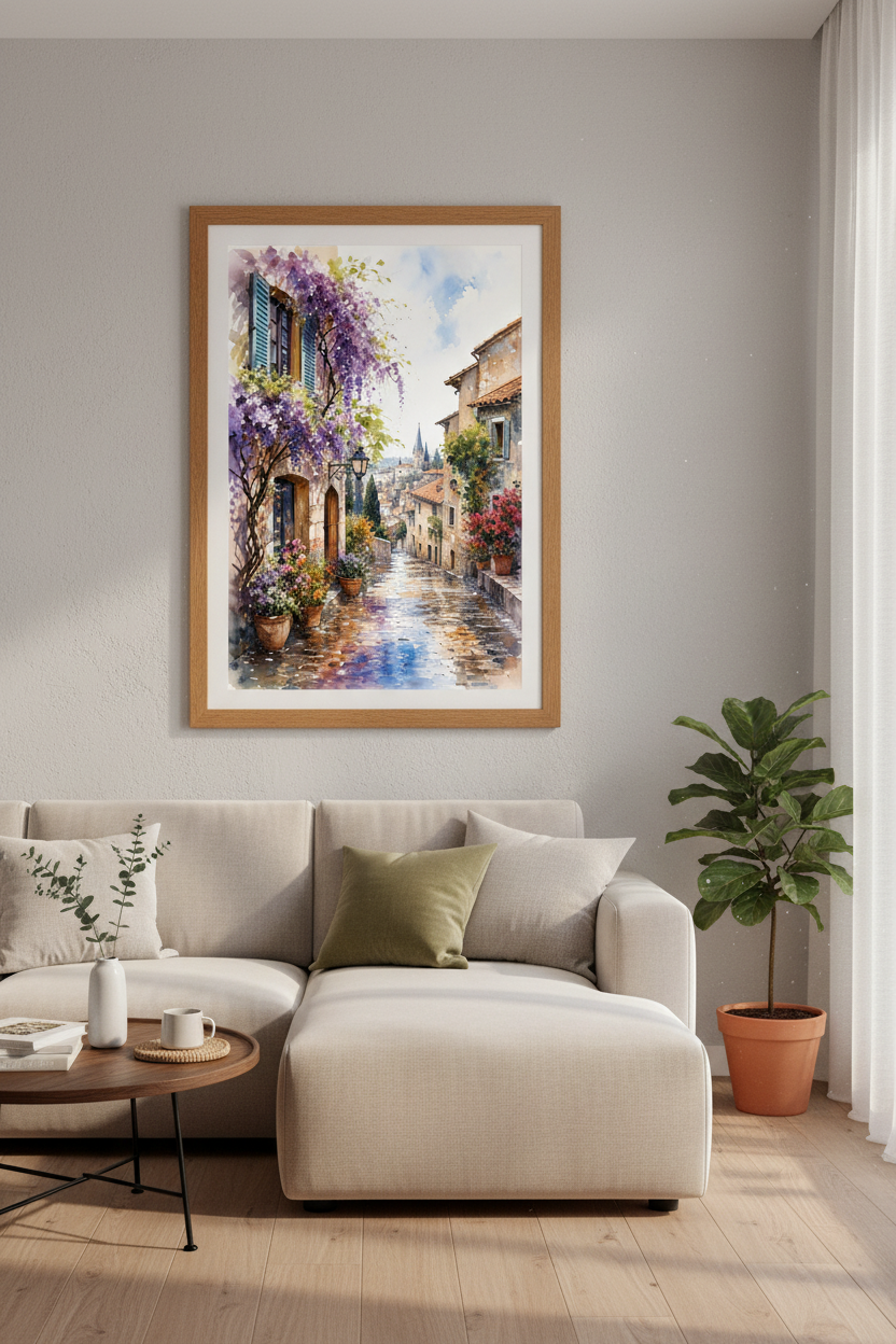 Italian Village Watercolor Art | Wisteria Flower Poster, European Travel Decor