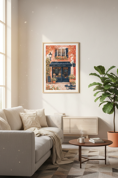 French Cafe Storefront Art | Autumn Paris Leaf Decor, Coffee Shop Poster