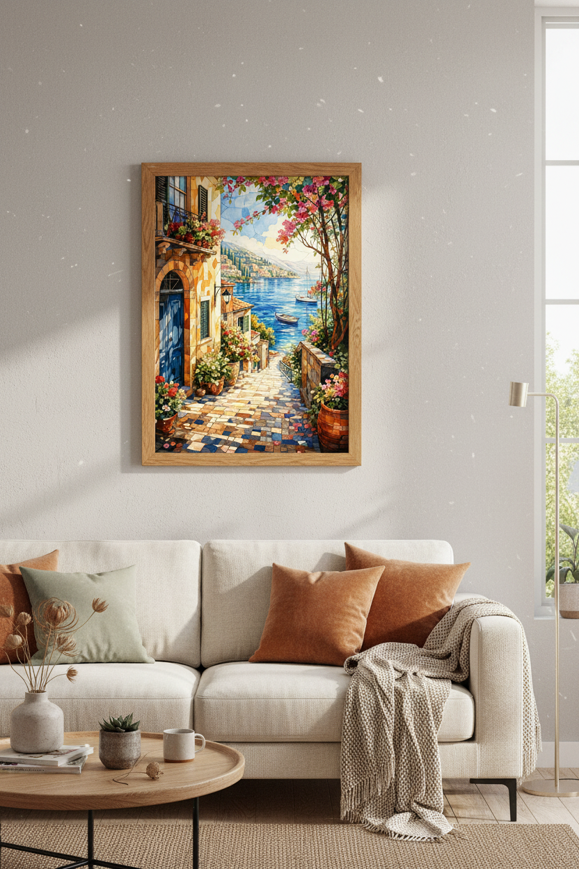 Mediterranean Village Wall Art Print | Coastal Mosaic Decor | Italian Seascape Poster