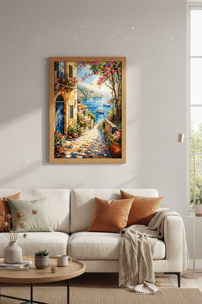 Mediterranean Village Wall Art Print | Coastal Mosaic Decor | Italian Seascape Poster