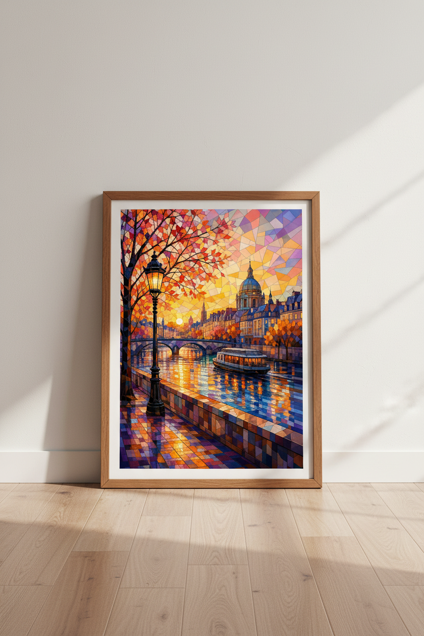 Paris Sunset Stained Glass Wall Art | Gold Mosaic Cityscape | Living Room Decor Poster