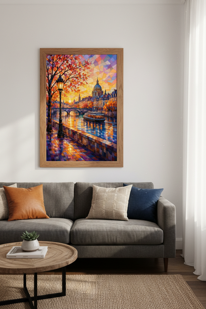 Paris Sunset Stained Glass Wall Art | Gold Mosaic Cityscape | Living Room Decor Poster
