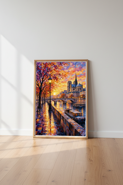 Paris Seine Sunset Wall Art | Mosaic Stained Glass Print, Living Room Decor