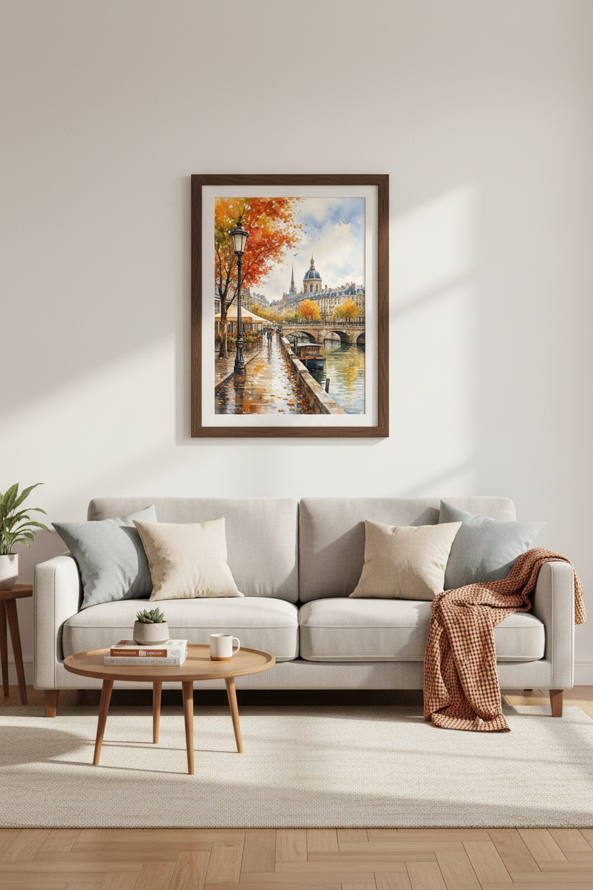 Paris Autumn Canal | Watercolor Cityscape Art, Living Room Travel Poster