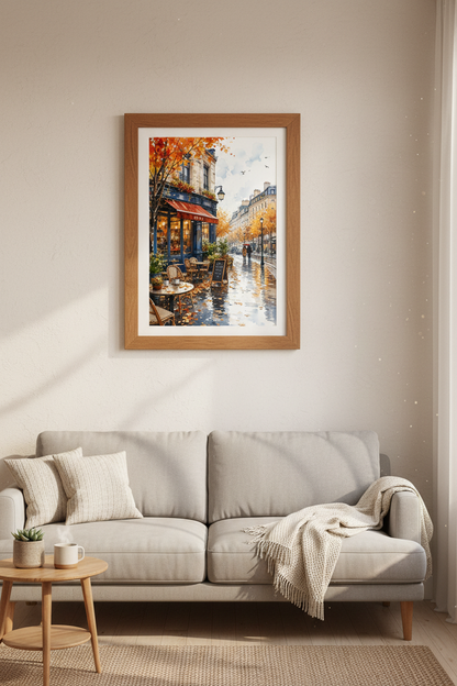 Paris Cafe Watercolor Art | Autumn French Street Poster, Living Room Decor