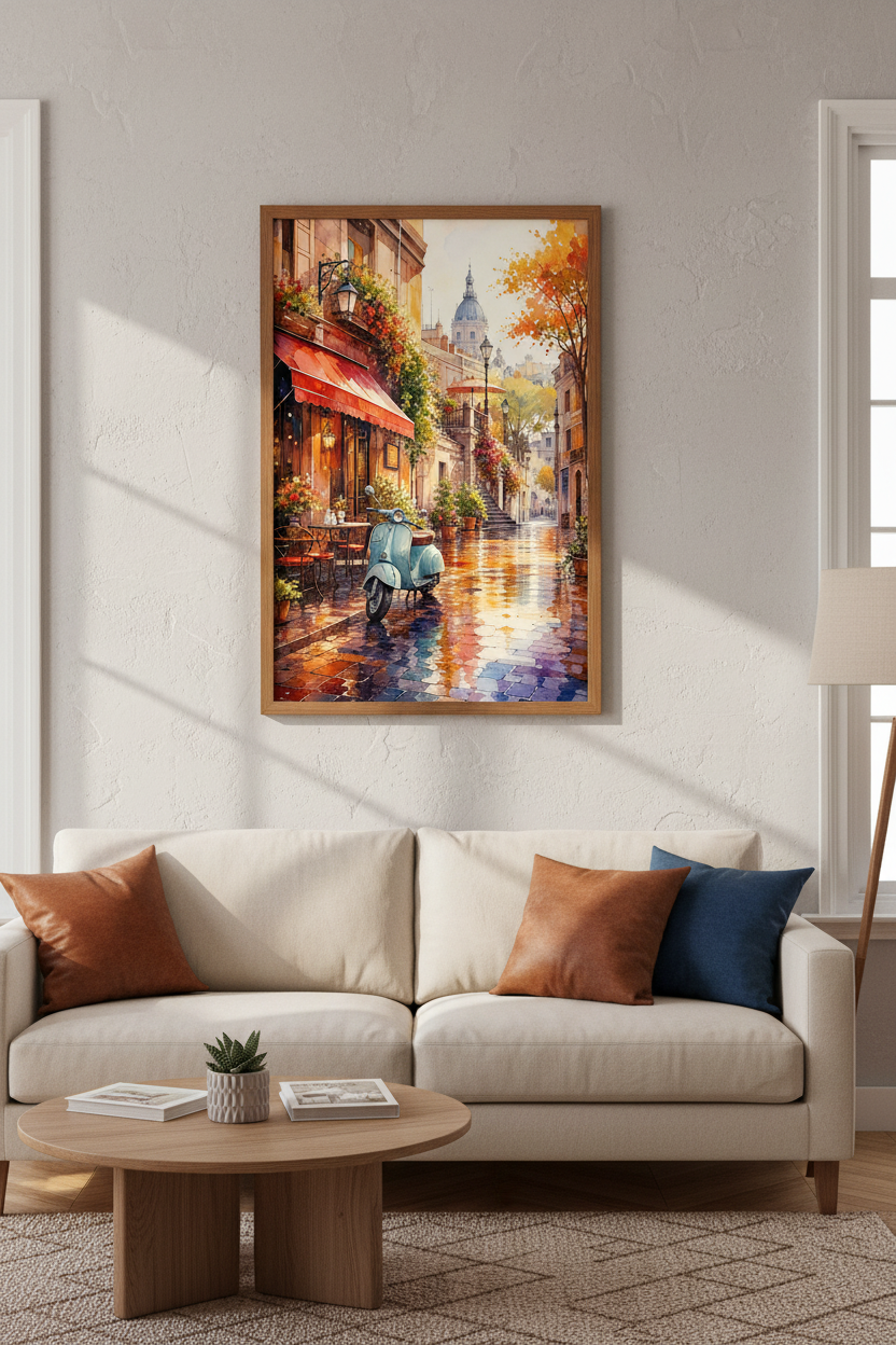 Paris Street Cafe | Watercolor Vespa Scooter Art, European Travel Poster Decor
