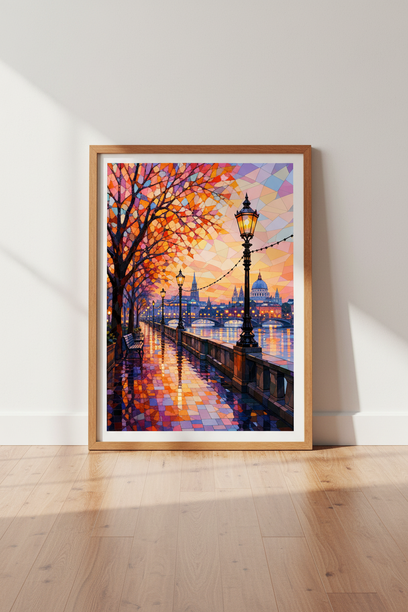 London Thames Sunset Mosaic Wall Art | Orange Autumn Cityscape, Living Room Decor