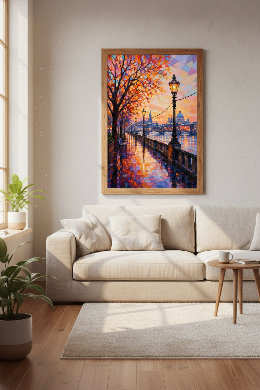 London Thames Sunset Mosaic Wall Art | Orange Autumn Cityscape, Living Room Decor