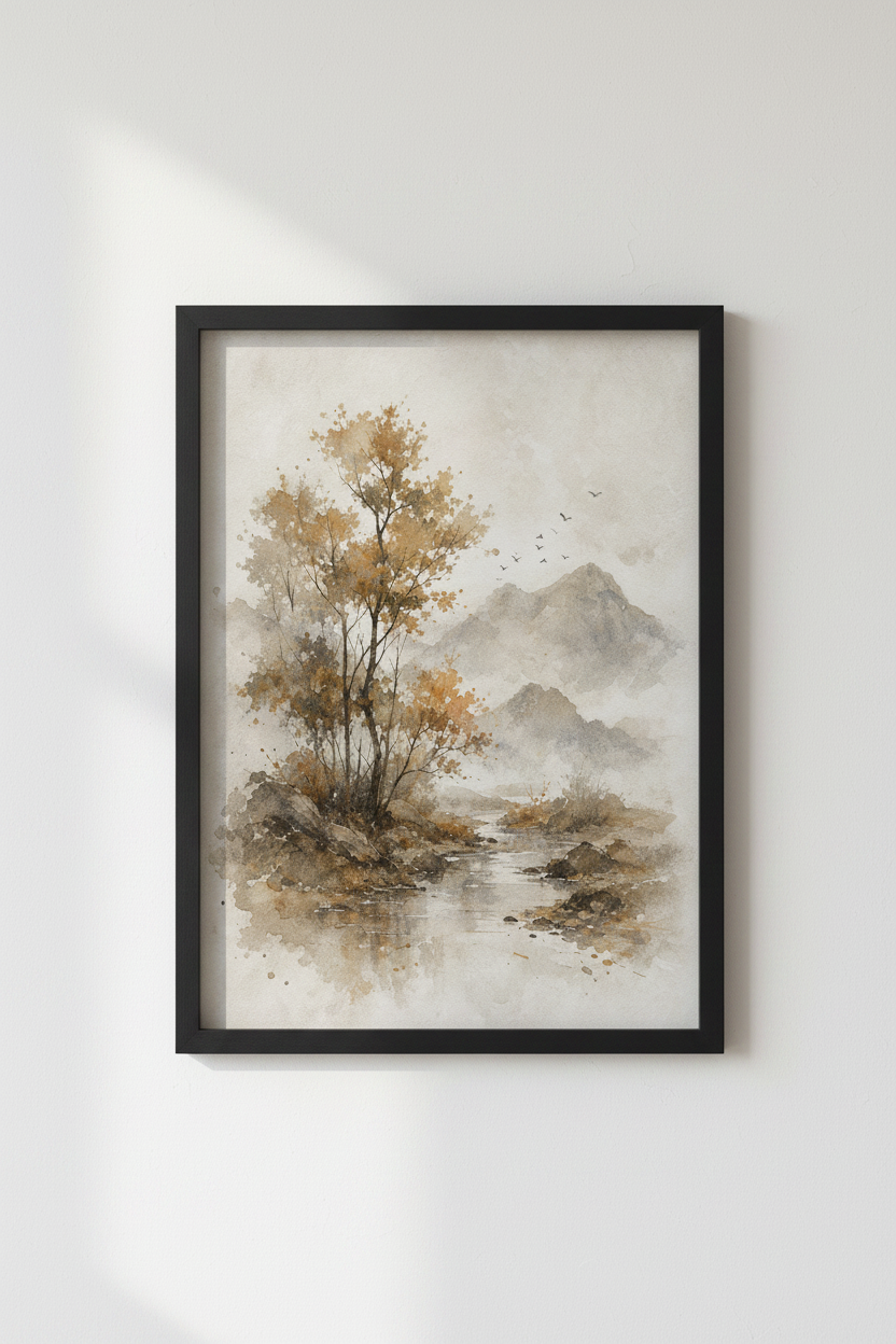 Misty Mountain River | Neutral Watercolor Landscape, Minimalist Living Room Decor Poster