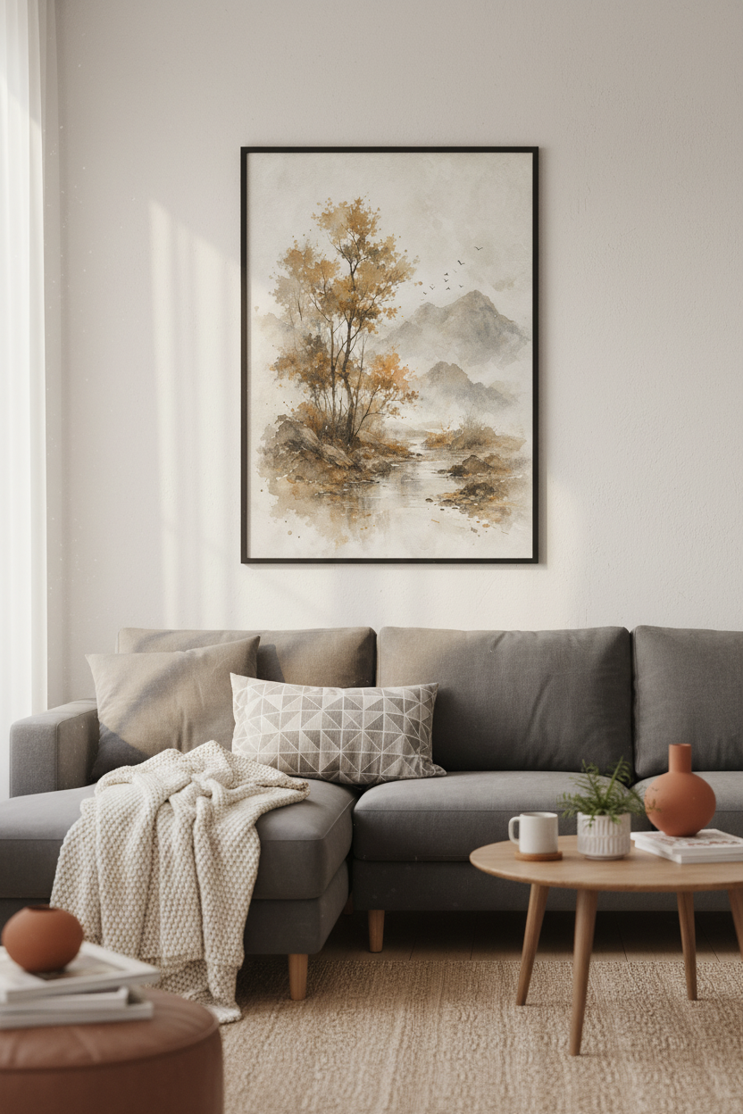 Misty Mountain River | Neutral Watercolor Landscape, Minimalist Living Room Decor Poster