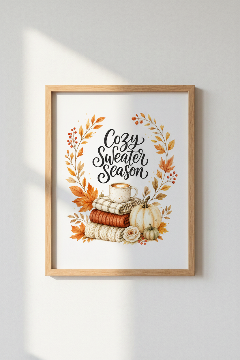 Cozy Sweater Season Fall Wall Art | Watercolor Pumpkin Poster | Aesthetic Autumn Decor